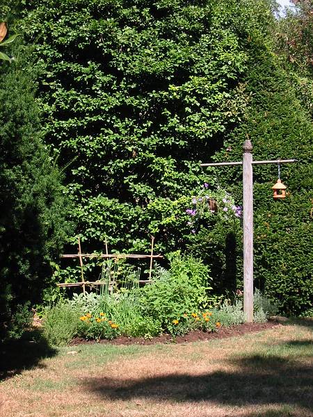 Aug 10, 2002 - At Ronnie and Baiba's at Goodwood Gardens, Baltimore, Maryland.<br />A corner of the back yard with bird feeder.