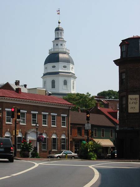 Aug 12, 2002 - Annapolis, Maryland.<br />State House tower above buildings on Main Street.