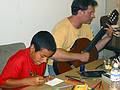 Sept 7, 2002 - Amesbury Artworks, 10 R Street, Amesbury, Massachusetts.<br />Pictogram Project for the benefit of the Amesbury family of Robert Hayes, who died on AA Flight 11 on 9/11/2001.<br />Jeb Dubus with guitar.