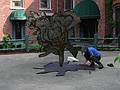 Sept 21, 2002 - The Millyard, Amesbury, Massachusetts.<br />Joyce installing her "Maple footprint en pointe" for the "Active Stance" sculpture exhibit which she organized.