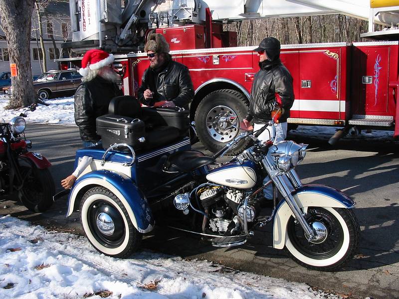 Dec 1, 2002 - Merrimac, Massachusetts.<br />Santa Parade participants gathering before the parade.<br />A Harley Davidson tricycle.
