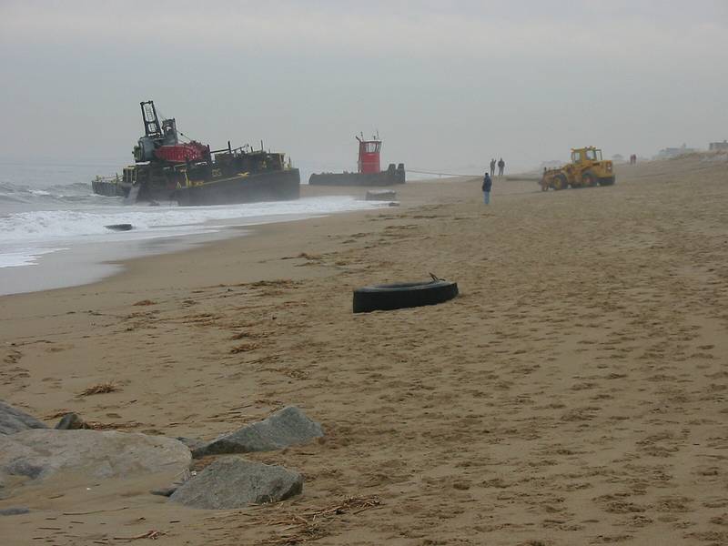Dec 13, 2002 - Plum Island, Massachusetts.<br />Barge and its tugboat which were beeched the evening of Dec 11<br />after the tug boat lost control of the barge in the mouth of the Marrimac River.