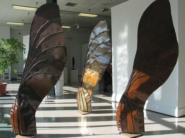 March 3, 2003 - Attleboro, Massachusetts.<br />Sculpture and painting exhibit at the Attleboro Museum for the Arts installation day.<br />Joyce's 3 maple seed sculptures (Potential 3 (cubed)).