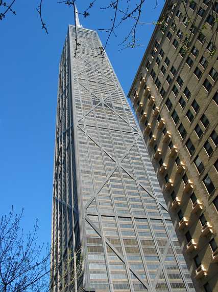 May 6, 2003 - Chicago, Illinois.<br />The John Hankock tower and corner of the Seneca Hotel, our home for four nights.