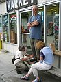 June 16, 2003 - Great Smoky Mountains National Park, North Carolina/Tennessee.<br />Joyce and Baiba pinning up Ronnie's new hiking pants after he got his old pants all wet<br />in the thunderstorm on alum cave bluffs trail.