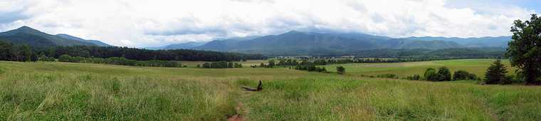 June 17, 2003 - Cades Cove, Great Smoky Mountains National Park, Tennessee.<br />Cades Cove panorama make up of 5 shots.