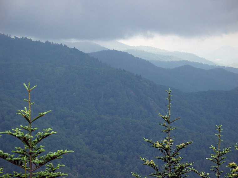 June 19, 2003 - Blue Ridge Parkway between Cherokee and Asheville, North Carolina.<br />Waterrock Visitor Center (at mile 451.2).<br />View W from trail to Waterrock Knob.