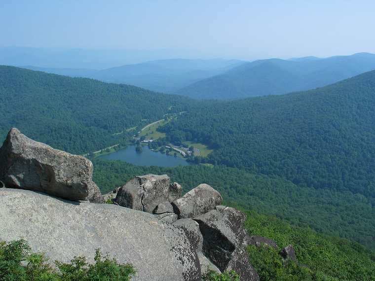 June 24, 2003 - Blue Ridge Parkway, Virginia.<br />Atop Sharp Top Mountain at Peaks of Otter area (mile 86).<br />View of Abbott lake and the lodge.