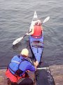 Sept 5, 2003 - Out of Newburyport, Massachusetts, to Jeffries Ledge.<br />An Adventure Learning whale watch kayaking trip.<br />Joyce leaving the launch pad.