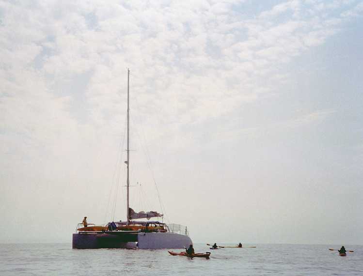 Sept 5, 2003 - Out of Newburyport, Massachusetts, to Jeffries Ledge.<br />An Adventure Learning whale watch kayaking trip.<br />Returning to the mother ship.