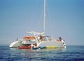 Sept 5, 2003 - Out of Newburyport, Massachusetts, to Jeffries Ledge.<br />An Adventure Learning whale watch kayaking trip.<br />The Ninth Wave catamaran, our mother ship.