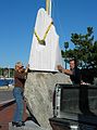 Oct 13, 2003 - Newburyport, Massachusetts.<br />Antoinette Prien Schultze installing her sculpture "Aurora" at Somerby's Landing.