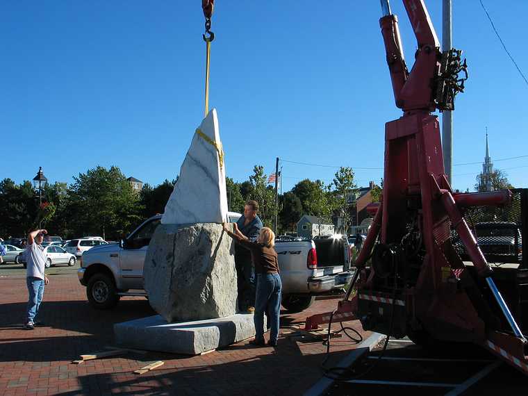 Oct 13, 2003 - Newburyport, Massachusetts.<br />Antoinette Prien Schultze installing her sculpture "Aurora" at Somerby's Landing.