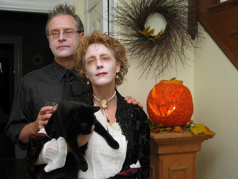 Nov 1, 2003 - Marrimac, Massachusetts.<br />At Cindia and Lance's for a pot luck supper party the day after Halloween.<br />Lance and Cindia and her cat.