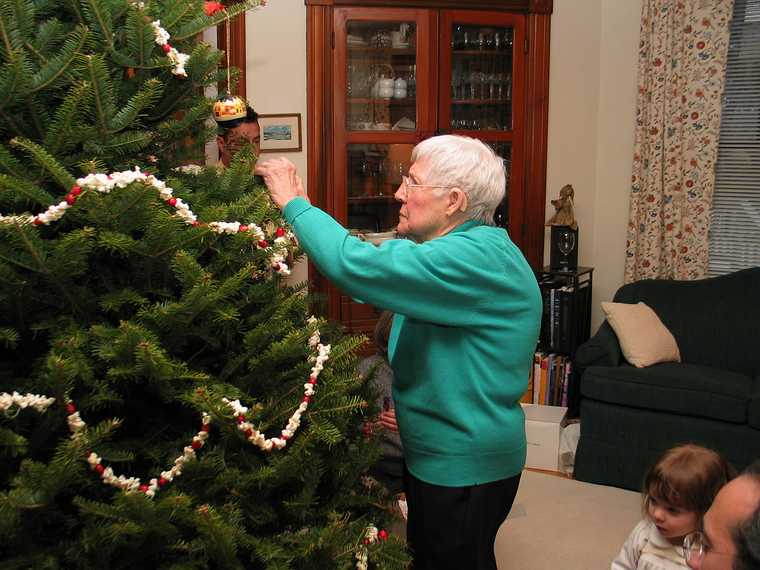 Dec 21, 2003 - Merrimac, Massachusetts.<br />Christmas tree decorating party.<br />Marie hanging an ornament.