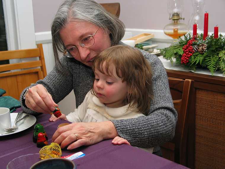 Dec 21, 2003 - Merrimac, Massachusetts.<br />Christmas tree decorating party.<br />Joyce and Miranda.