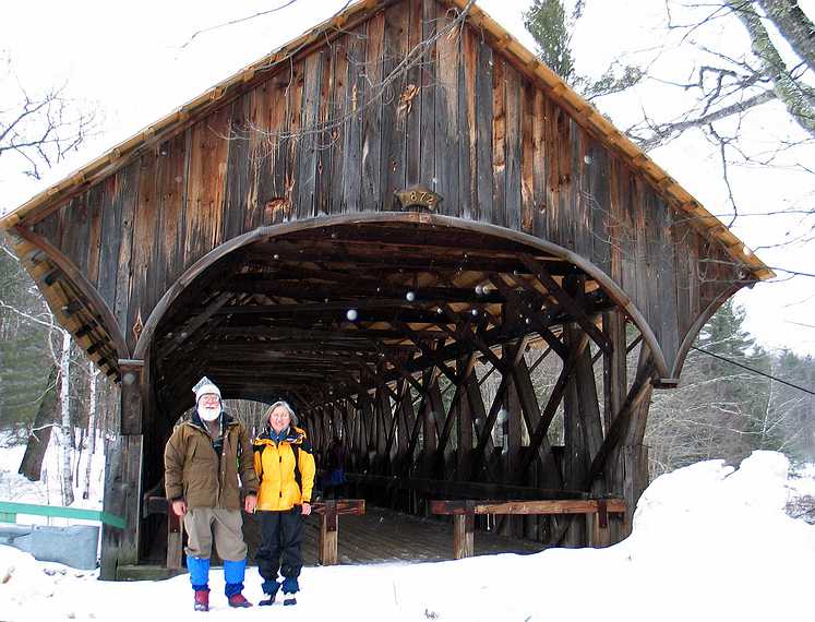 Jan 18, 2004 - Sunday River, Maine.<br />Staying at the Cunninghams' ski lodge.<br />Egils and Joyce at the Sunday River covered bridge.