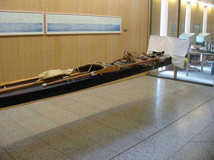 March 19, 2004 - Reykjavik, Iceland.<br />Skin kayak at the library.
