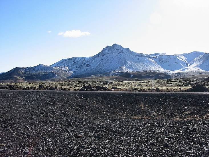 March 20, 2004 - Near lighthouse sculpture located between Heimrk (a National Park)<br />and Vfilsfell (a 655 meter high mountain seen here) just off to the right of Rt.1 shortly after<br />one has left the city of Reykjavik behind, Iceland.
