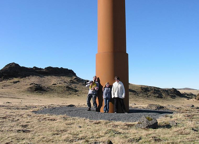 March 20, 2004 - At lighthouse sculpture, SE of Reykjavik, Iceland.<br />Eric, Inga, and the kids.