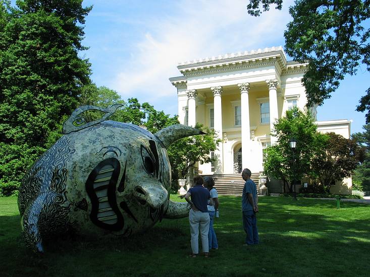 May 22, 2004 - Evergreen House, Baltimore, Maryland.<br />Baiba, Joyce, and Ronnie admiring Laure Drogoul's "The Root" (blue-eyed), 2004;<br />wood, fabric, paper, video, specimens, and plantings; 9' x 9' x 15'.