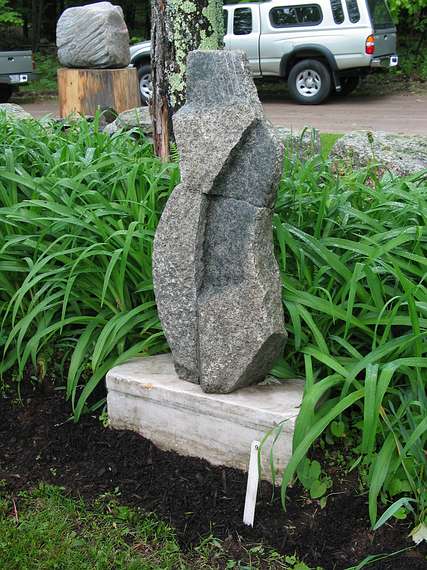 June 2, 2004 - June LaCombe/SCULPTURE at Hawk Ridge, Pownal, Maine.<br />Opening Reception.<br />Roy Patterson, "Verdancy"; green granite; $3800.