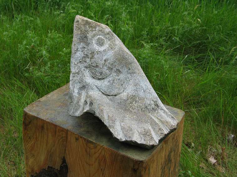June 2, 2004 - June LaCombe/SCULPTURE at Hawk Ridge, Pownal, Maine.<br />Opening Reception.<br />Lise Becu, "Man and Fish"; granite; $1800.