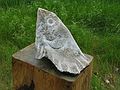 June 2, 2004 - June LaCombe/SCULPTURE at Hawk Ridge, Pownal, Maine.<br />Opening Reception.<br />Lise Becu, "Man and Fish"; granite; $1800.