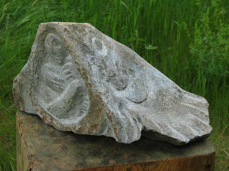 June 2, 2004 - June LaCombe/SCULPTURE at Hawk Ridge, Pownal, Maine.<br />Opening Reception.<br />Lise Becu, "Man and Fish"; granite; $1800.