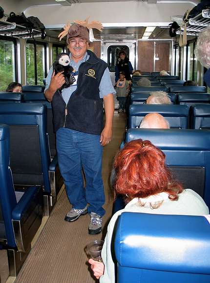 June 12, 2004 - Between Seward and Anchorage, Alaska.<br />Joe Villarreal modeling a moose hat.