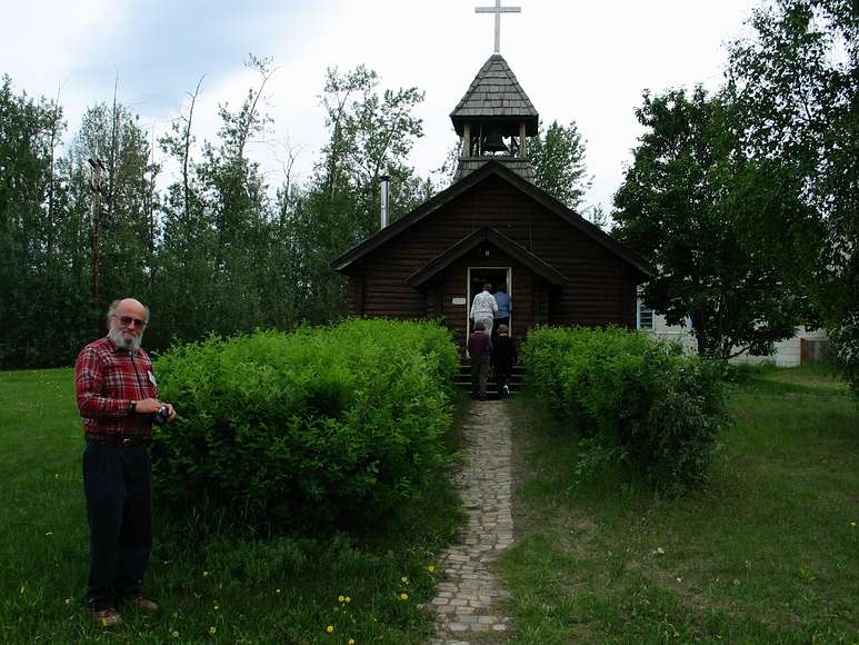 June 16, 2004 - Nenana, Alaska.<br />Eric Edelstein in front of the local church.