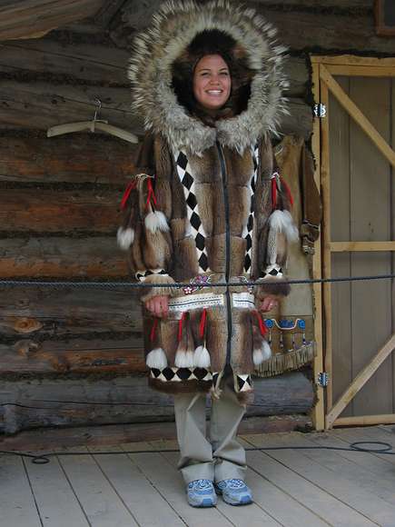 June 17, 2004 - Fairbanks, Alaska.<br />River boat trip on the Chena and Tanana Rivers.<br />In a replica of an Athabascan village along the Tanana River.