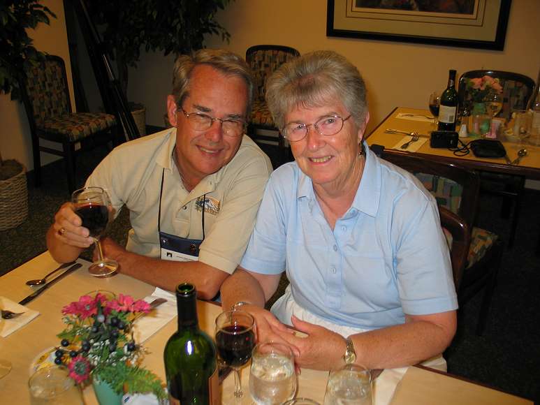 June 21, 2004 - Fairbanks, Alaska.<br />Farewell dinner, or the last supper, as Bill referred to it, at the Bridgewater Hotel.<br />Bob and Fae Herbert.