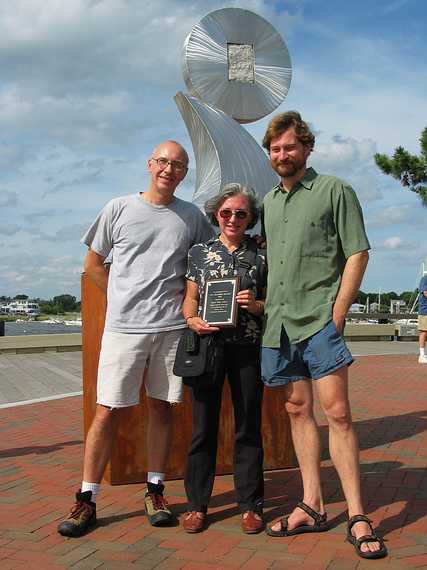 July 31, 2004 - Newburyport, Massachusetts.<br />Somerby's Landing Sculpture Show 2004/05 reception.<br />Bill Franson, Joyce with award plaque, and Geordie Vining.
