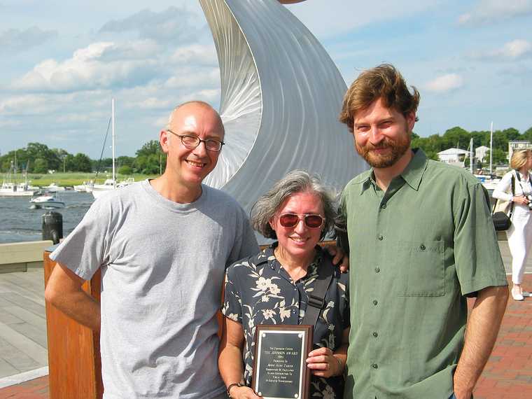 July 31, 2004 - Newburyport, Massachusetts.<br />Somerby's Landing Sculpture Show 2004/05 reception.<br />Bill Franson, Joyce with award plaque, and Geordie Vining.