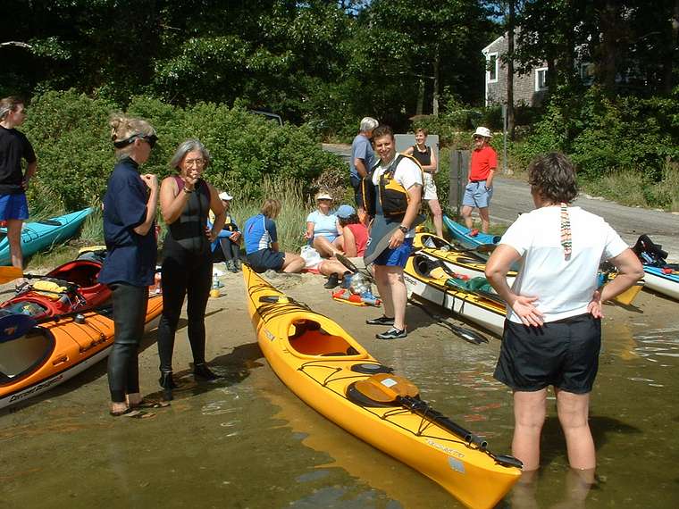 Sept. 11, 2004 - Dennis, Cape Cod, Massachusetts.<br />Boston Sea Kayak Club trip on Bass River, photo by Peter McLaughlin.<br />Nancy Halloran, Joyce, and others at lunch break on Follins Pond.