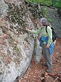 Sept. 19, 2004 - Pawtuckaway State Park, New Hampshire.<br />Joyce inspecting the rock tripe along South Ridge Trail on South Mountain.