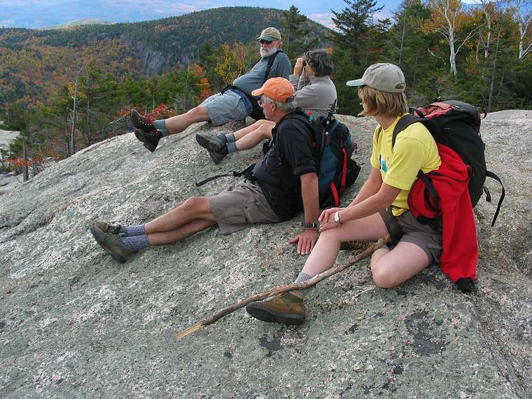 Oct. 10, 2004 - Dickey-Welch Trail, White Mountain National Forest, New Hampshire.<br />Fred, Moe, John, and Carol on ledge on descent from Dickey.