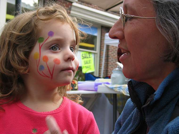 Oct. 11, 2004 - Newburyport, Massachusetts.<br />Joyce admiring the balloons on Miranda's right cheek.