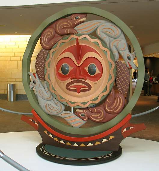 Oct. 18, 2004 - National Museum of the American Indian, Washington, DC.<br />Wood sculpture by Canadian artist Susan Point (Coast Salish) depicting<br />the legend of the Beaver and the Mink and the Salmon People.