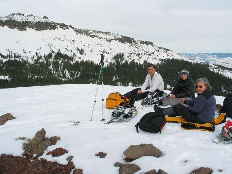 Jan 17, 2005 - Near Truckee, California.<br />Sati, Melody, and Joyce atop Adesite Peak with Castle Peak in back.