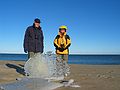 Jan. 25, 2005 - The north end of Plum Island.<br />Today, the dominant feature was the chunks of ice along the high tide line.<br />John and Joyce behind the biggest one we set on edge.