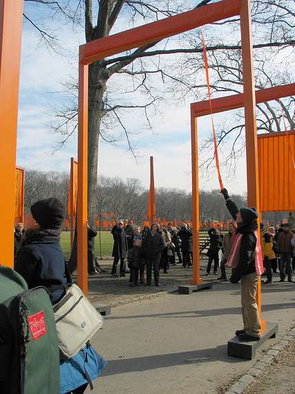 Feb. 12, 2005 - Central Park, New York City.<br />Christo and Jeanne-Claude's "The Gates" installation.<br />Gate about to be unfurled.