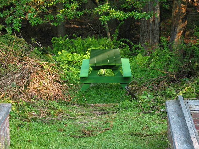 June 4, 2005 - Maudslay State Park, Newburyport, Massachusetts.<br />Outdoor Sculpture Show - installation day 1.<br />Joe Fix's "No Picnic". Wood, paint.