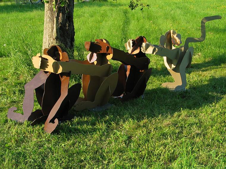 June 4, 2005 - Maudslay State Park, Newburyport, Massachusetts.<br />Outdoor Sculpture Show - installation day 1.<br />Nancy Sanders' "Monkeying Around". Luan plywood, paint.