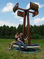 June 10, 2005 - Maudslay State Park, Newburyport, Massachusetts.<br />Jay Havinghurst's "Bird Time". Steel, wood, broken tree limb.<br />Melody and Joyce going for a ride.
