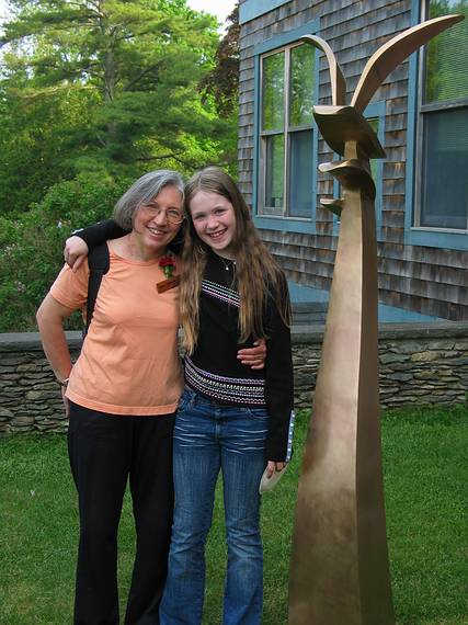 June 12, 2005 - College of the Atlantic, Bar Harbor, Maine.<br />"Touchstones" sculpture show, co-curated by June LaCombe and Susan Lerner.<br />Joyce and Dagbjört next to Joyce's bronze sculpture "Optimism".