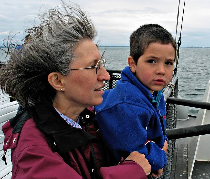 June 22, 2005 - On ferry between Woods Hole and Marthas Vineyard, Massachusetts.<br />Joyce and her grandson Gujn.