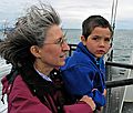 June 22, 2005 - On ferry between Woods Hole and Marthas Vineyard, Massachusetts.<br />Joyce and her grandson Gujn.