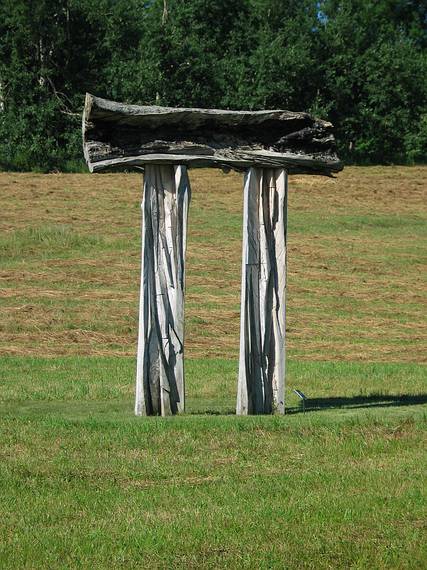 July 23, 2005 - Stone Quary Hill Sculpture Park, Cazenovia, New York.<br />Emilie Benes Brzezinski, "Charred Lintel", elm and oak, 13 1/2' x 10' x 3'.